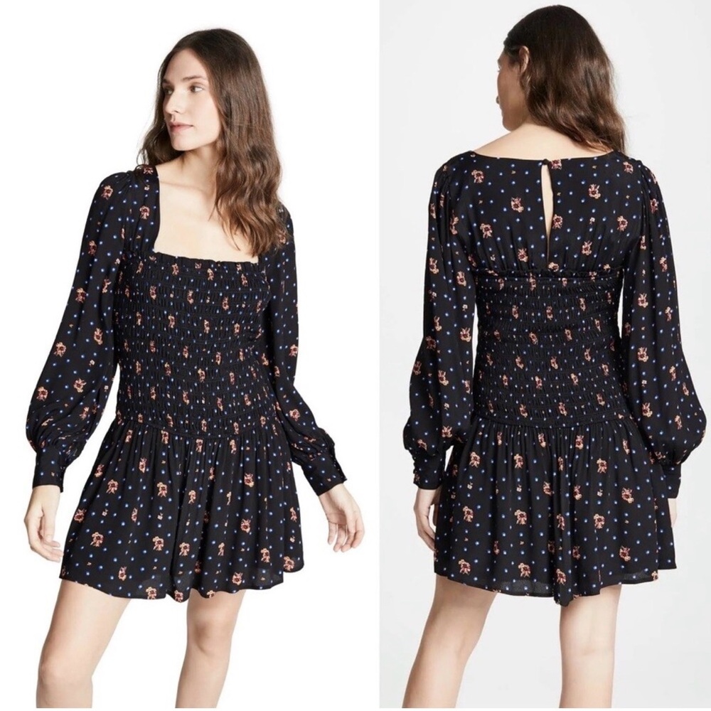 Free people xs Black Floral Long-Sleeve Smocked Mini Dress